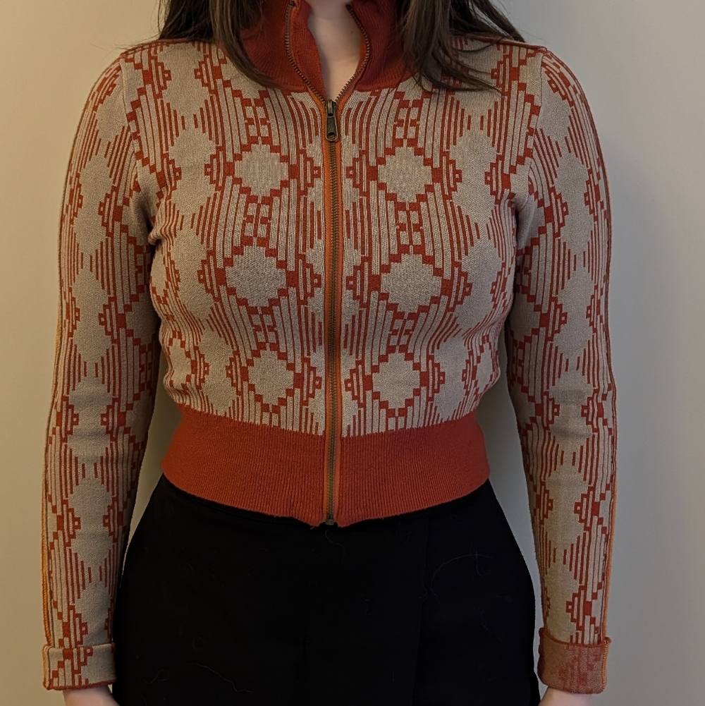 BDG Rust and Beige Geometric Zip Hoodie Cardigan